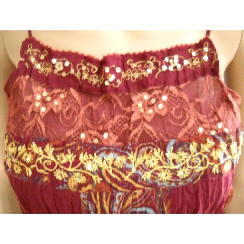Y2K Crinkle Cami Top SEXY Retro BOHO With Liner & Lace Beads Burgundy Gorgeous - Picture 3 of 8